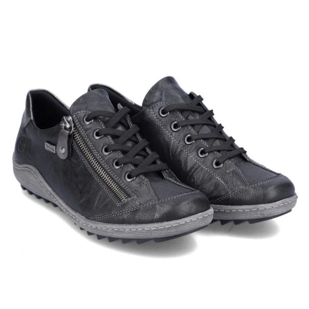 Remonte by Rieker Black Metallic Sheen Leather Zip Side Casual Lace Up Sneakers